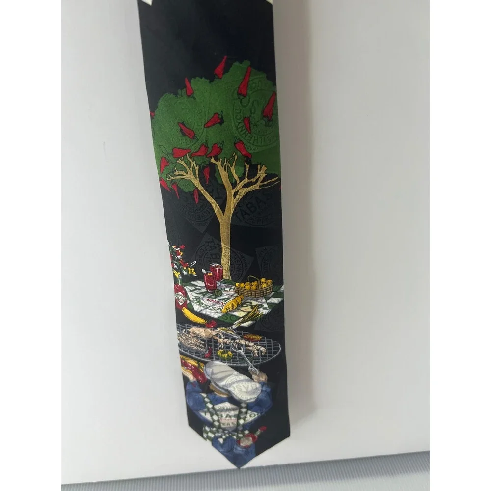 Tabasco Mens Silk Necktie‎ Black Novelty BBQ Grilling Hot Sauce Logo Print Tie